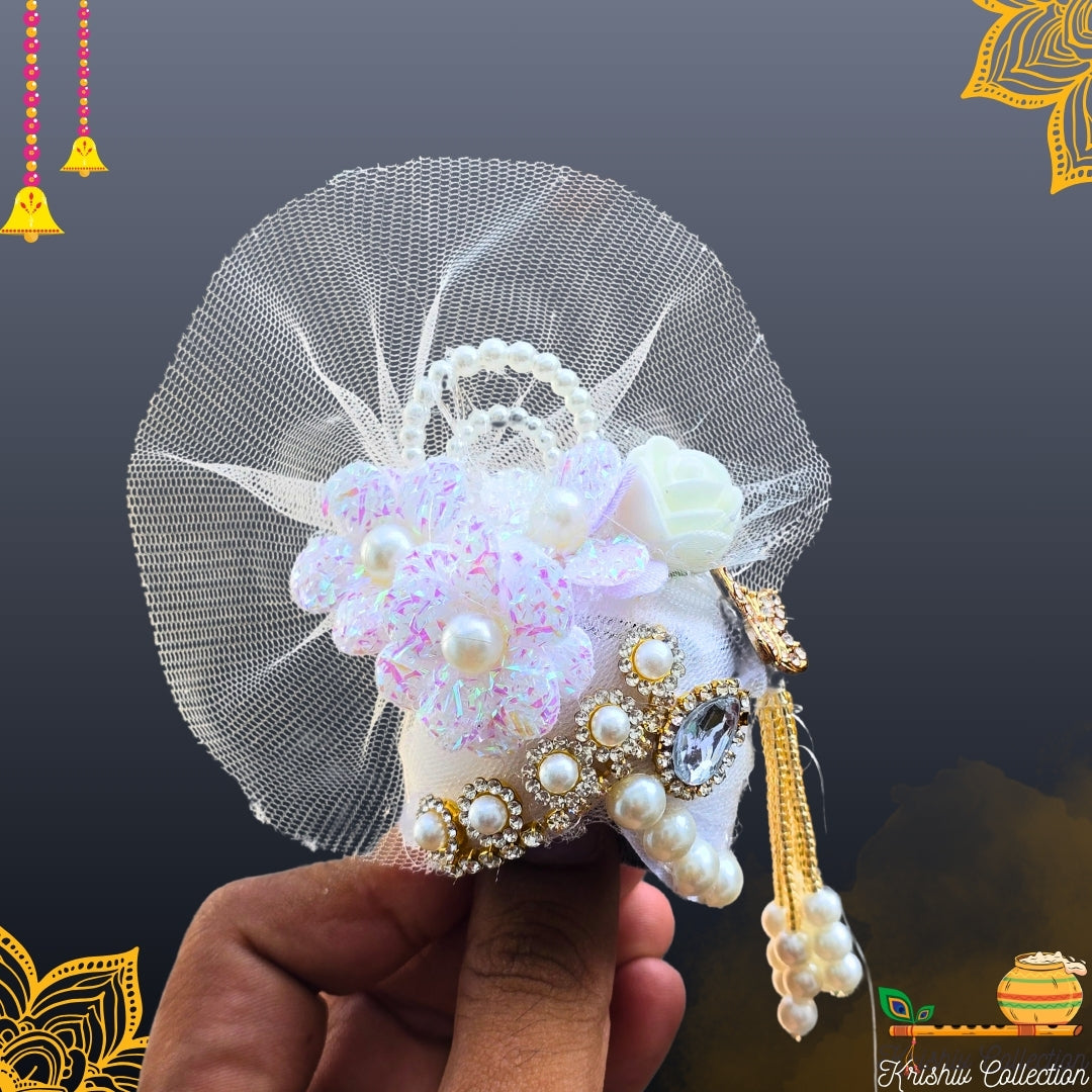 White Floral Pearl Laddu Gopal Ji Poshak with Matching Pagdi