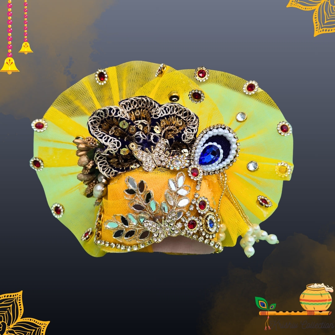 Sunshine Yellow Laddu Gopal Poshak with Peacock Motif & Pagdi