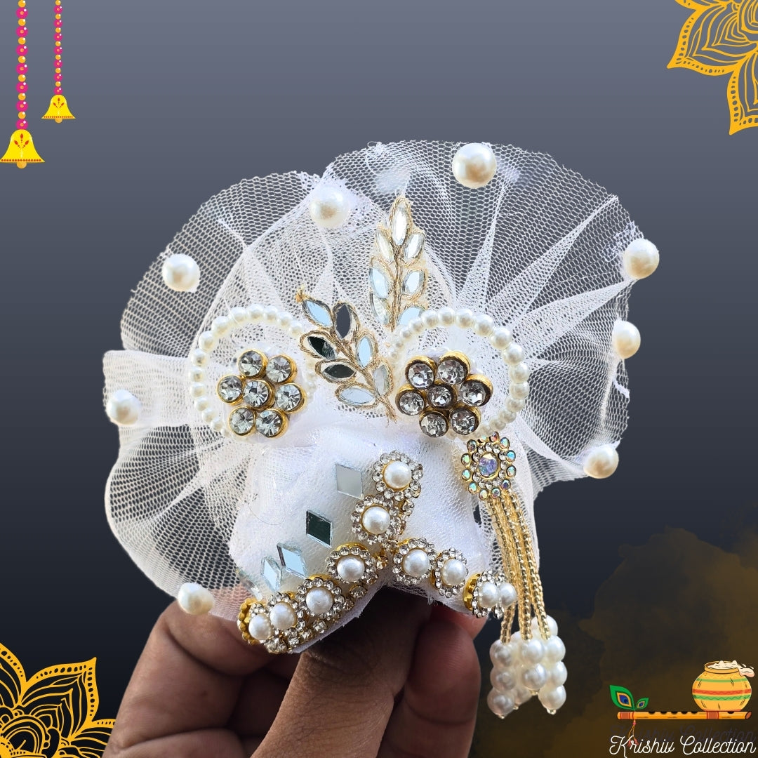 White & Golden Leaf Embroidered Laddu Gopal Ji Poshak with Matching Pagdi