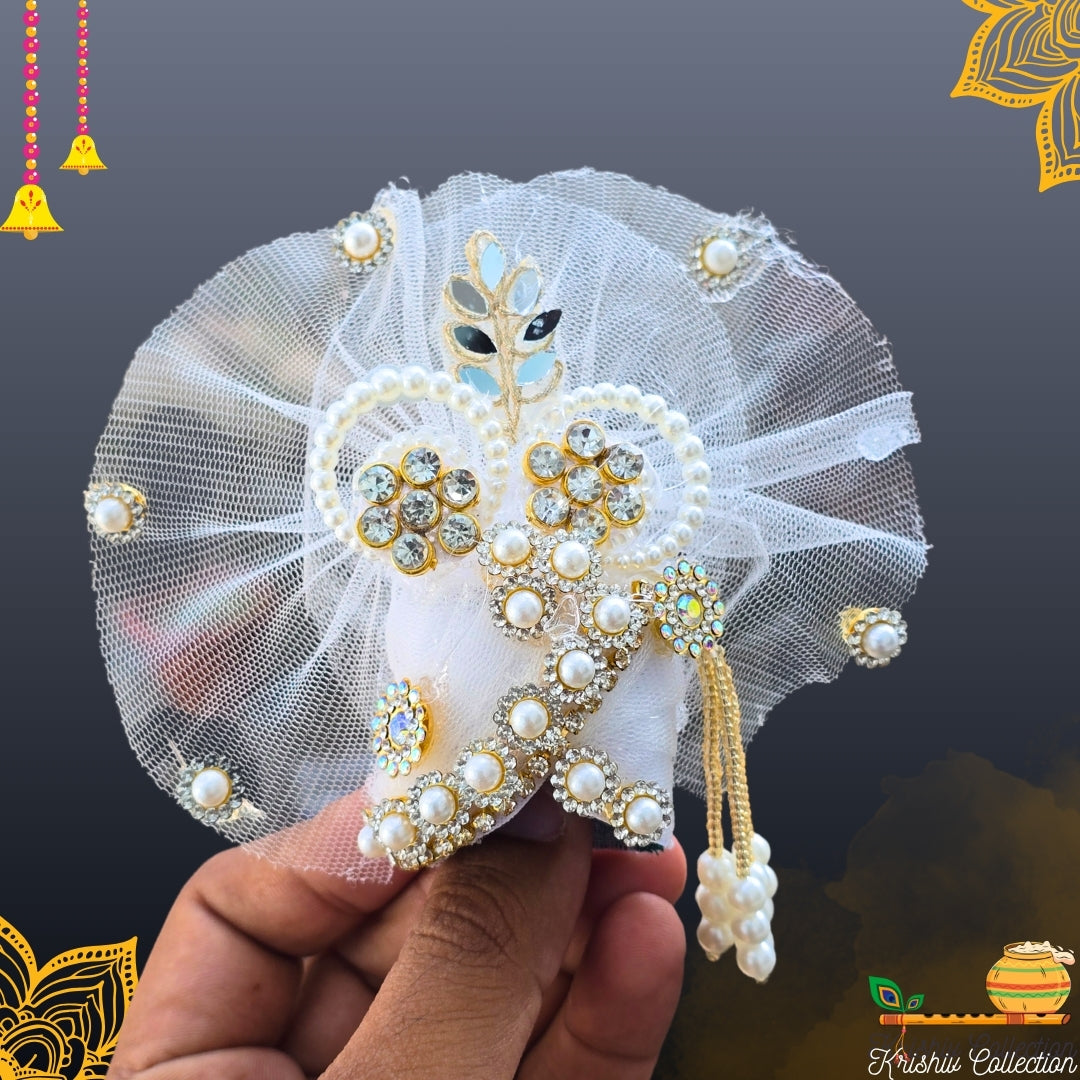 Elegant White & Gold Pearl Laddu Gopal Ji Poshak with Matching Pagdi